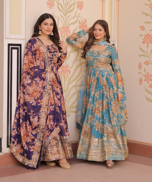Russian Silk Digital Print Gown Set with Sequins Work – Fully Stitched & Ready to Wear