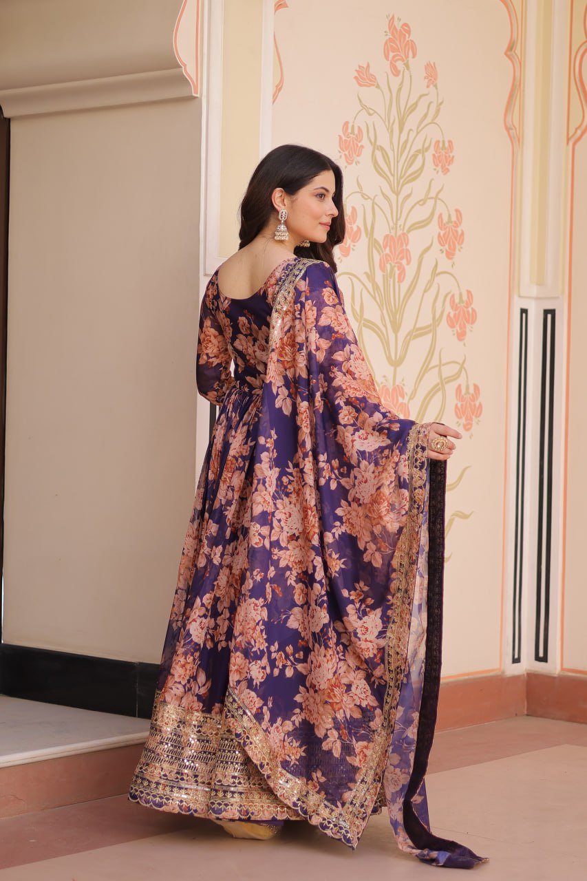 Russian Silk Digital Print Gown Set with Sequins Work – Fully Stitched & Ready to Wear