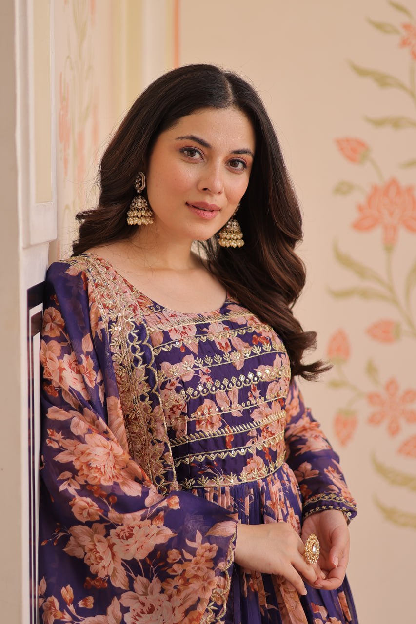 Russian Silk Digital Print Gown Set with Sequins Work – Fully Stitched & Ready to Wear