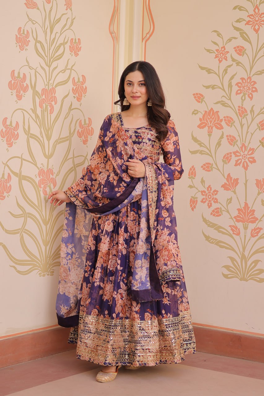 Russian Silk Digital Print Gown Set with Sequins Work – Fully Stitched & Ready to Wear