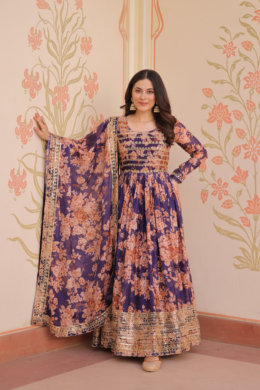 Russian Silk Digital Print Gown Set with Sequins Work – Fully Stitched & Ready to Wear