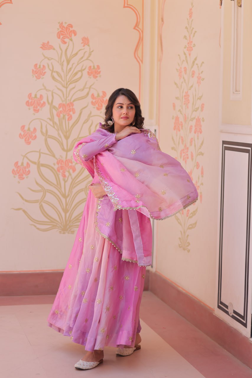 Premium Pedding Gold Organza Gown Set with Rich Sequins & Zari Work – 8 Mtr Umbrella Flair
