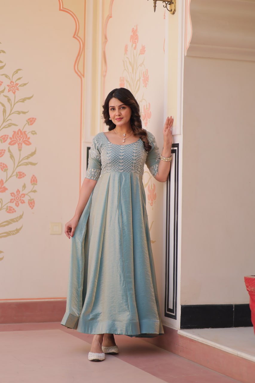 Lovely Fendy Silk Bead Embroidered Fully Stitched Gown