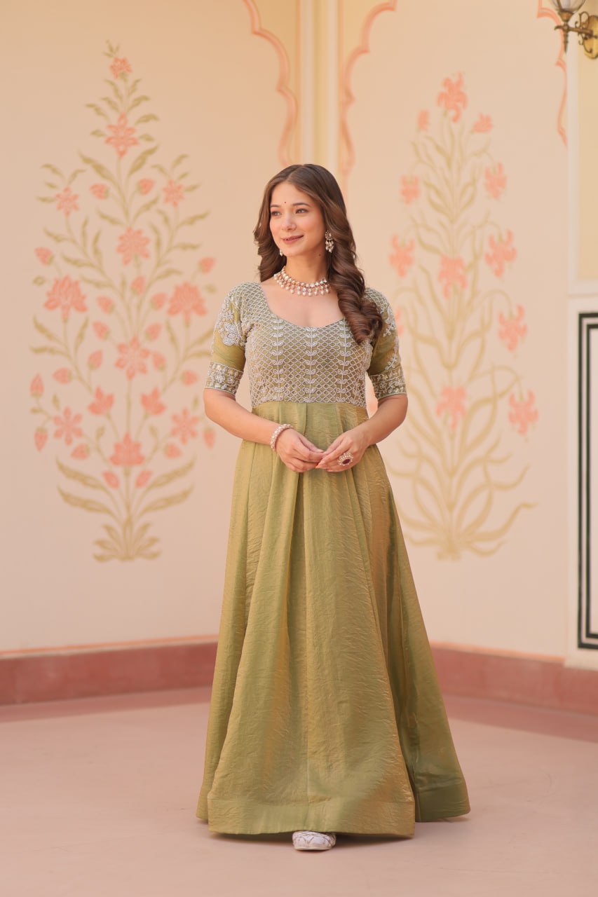 Lovely Fendy Silk Bead Embroidered Fully Stitched Gown