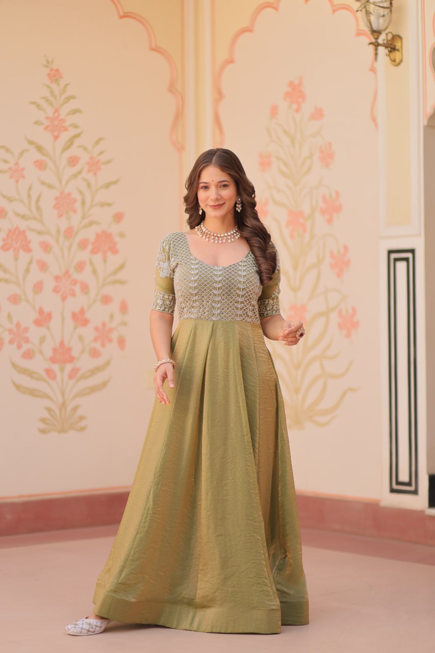 Lovely Fendy Silk Bead Embroidered Fully Stitched Gown