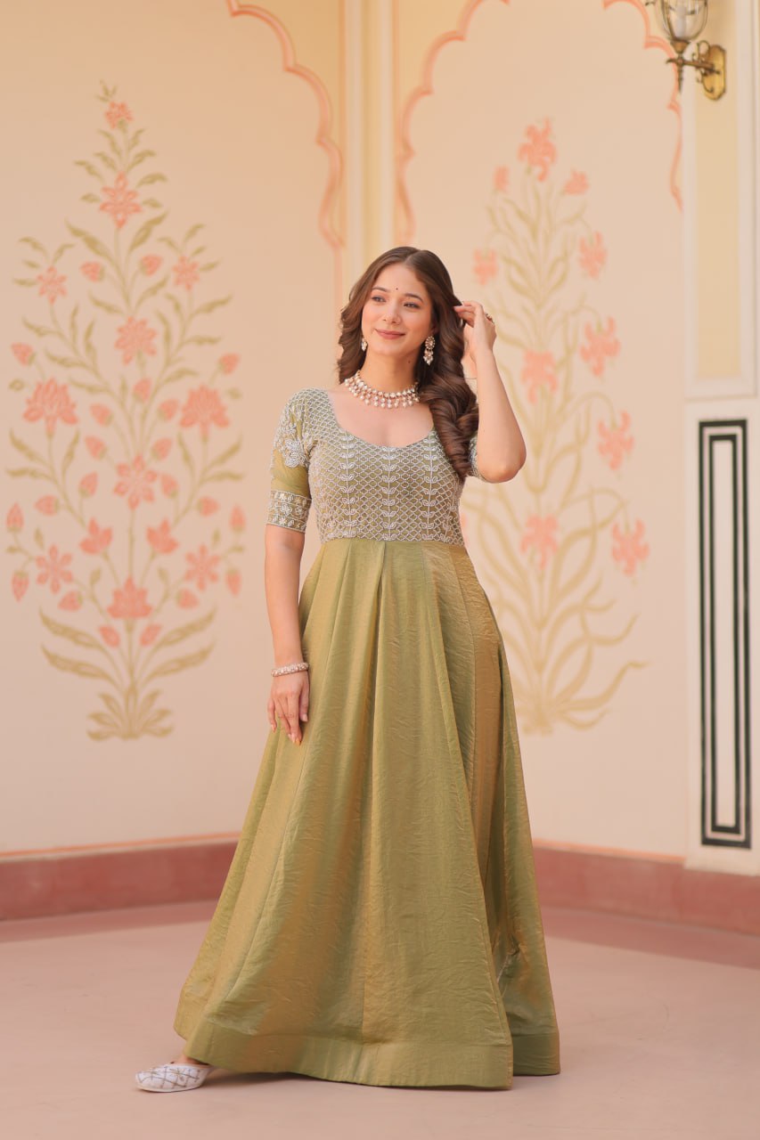 Lovely Fendy Silk Bead Embroidered Fully Stitched Gown