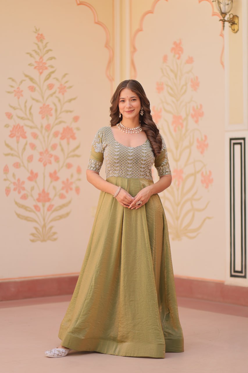 Lovely Fendy Silk Bead Embroidered Fully Stitched Gown