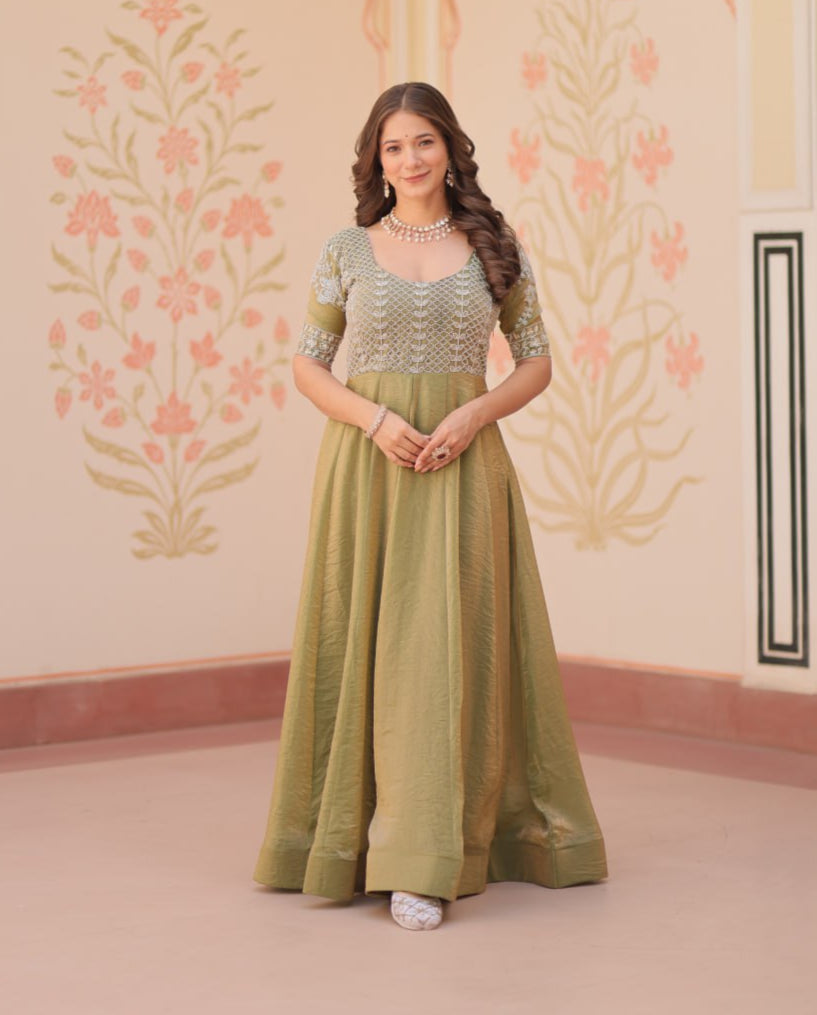 Lovely Fendy Silk Bead Embroidered Fully Stitched Gown