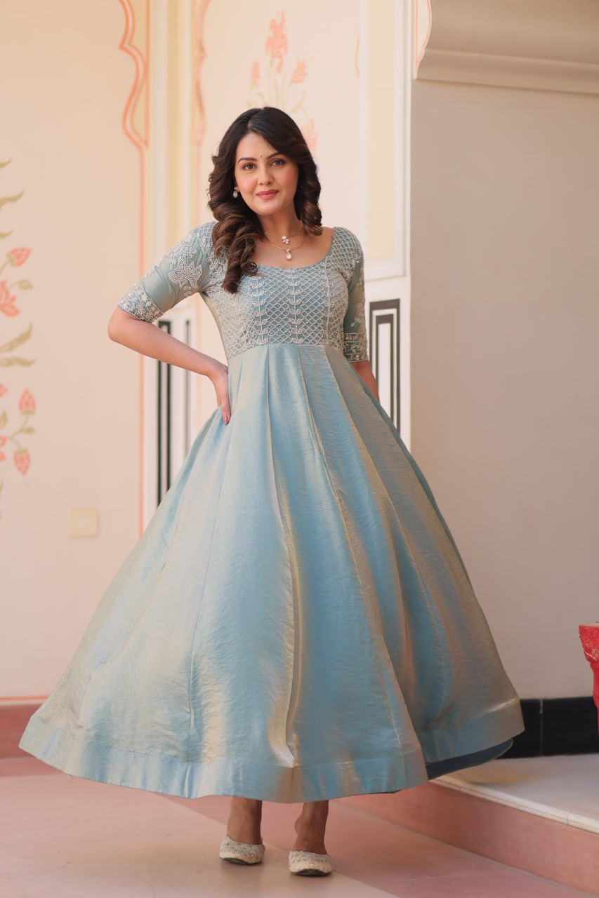 Lovely Fendy Silk Bead Embroidered Fully Stitched Gown