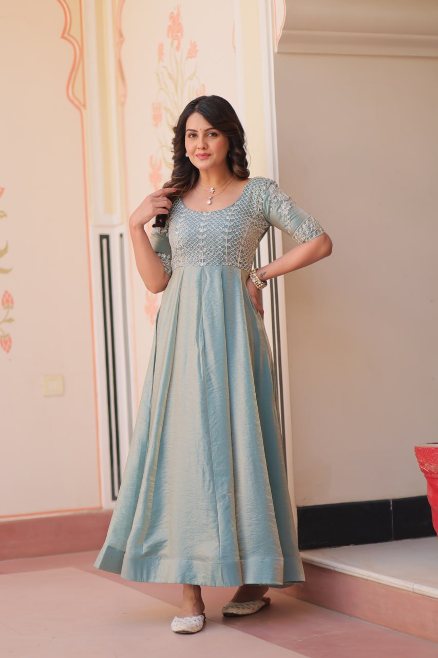 Lovely Fendy Silk Bead Embroidered Fully Stitched Gown