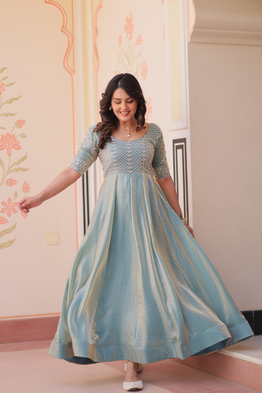 Lovely Fendy Silk Bead Embroidered Fully Stitched Gown