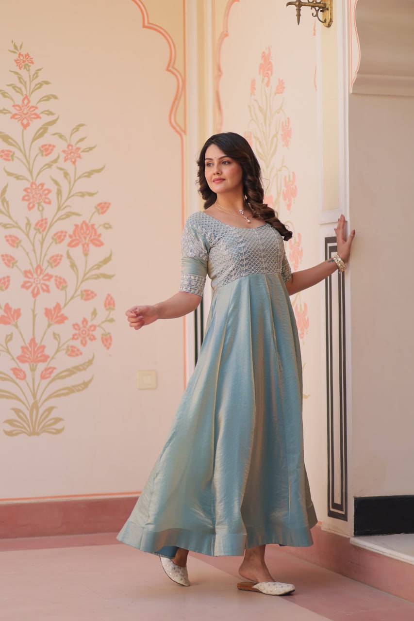 Lovely Fendy Silk Bead Embroidered Fully Stitched Gown