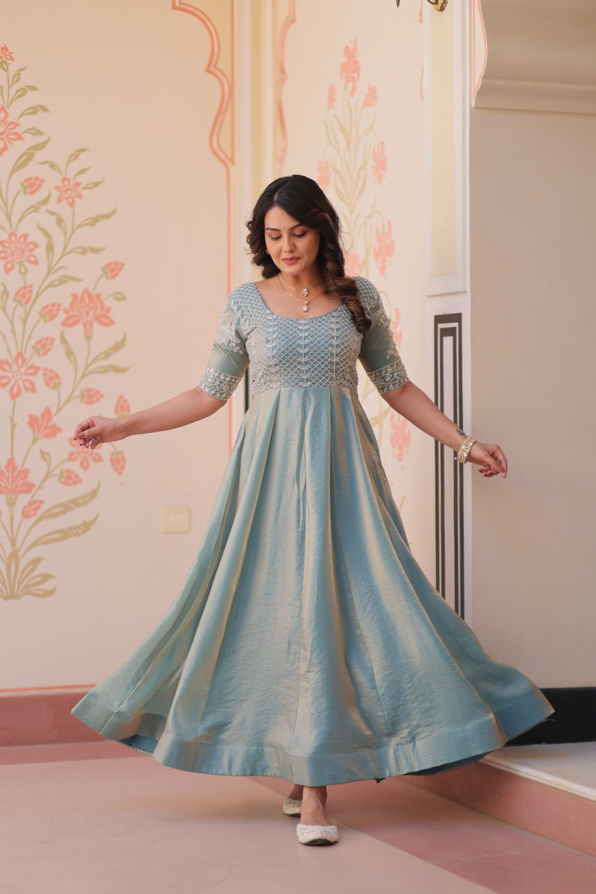 Lovely Fendy Silk Bead Embroidered Fully Stitched Gown