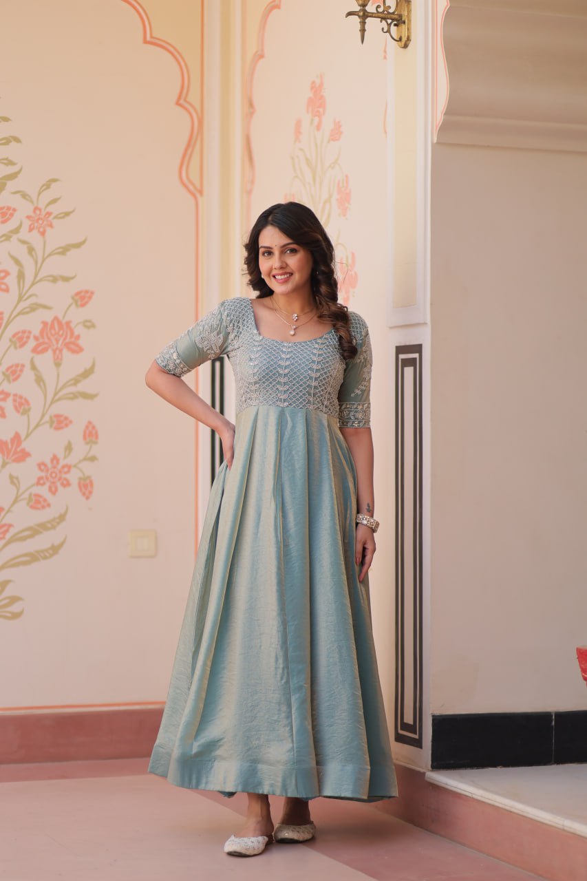Lovely Fendy Silk Bead Embroidered Fully Stitched Gown
