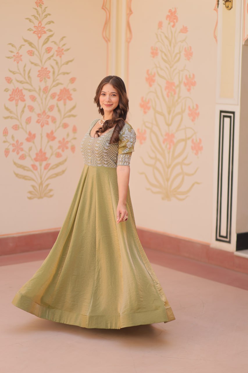 Lovely Fendy Silk Bead Embroidered Fully Stitched Gown