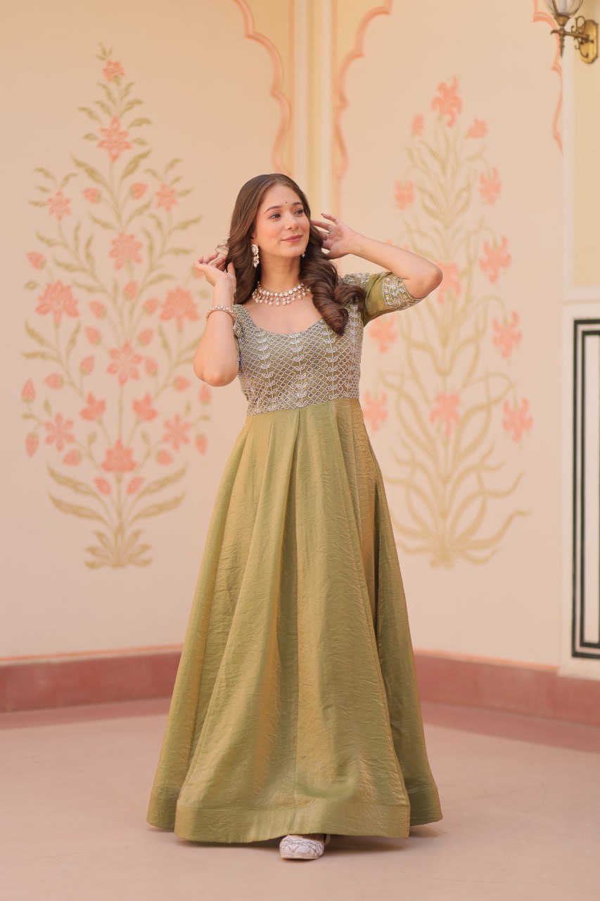 Lovely Fendy Silk Bead Embroidered Fully Stitched Gown