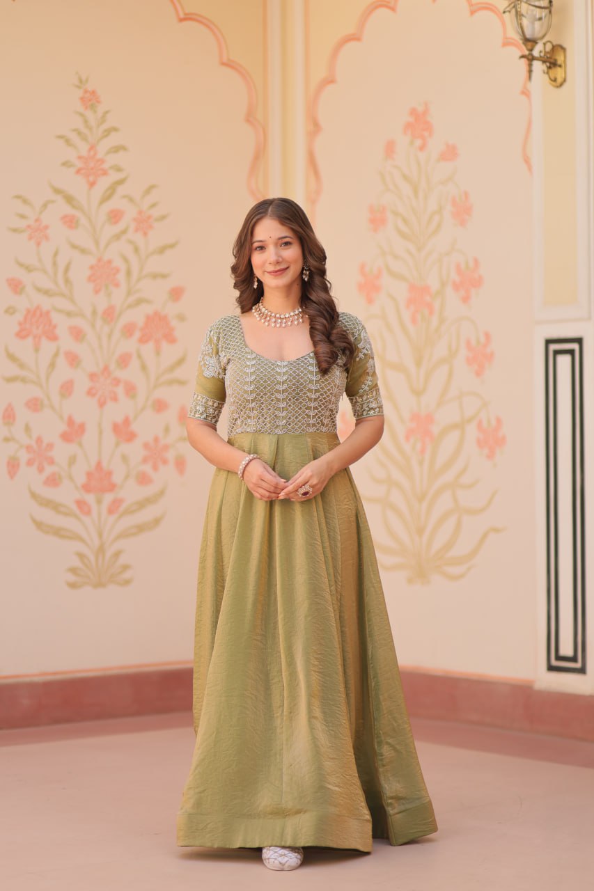 Lovely Fendy Silk Bead Embroidered Fully Stitched Gown