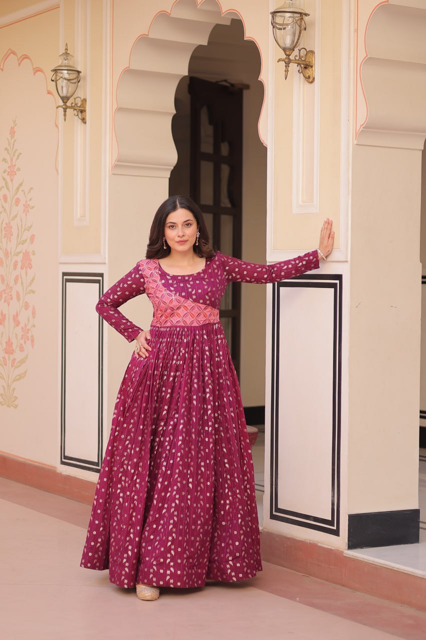 Elegant Staple Jacquard Weaving Gown – Fully Stitched & Ready to Wear