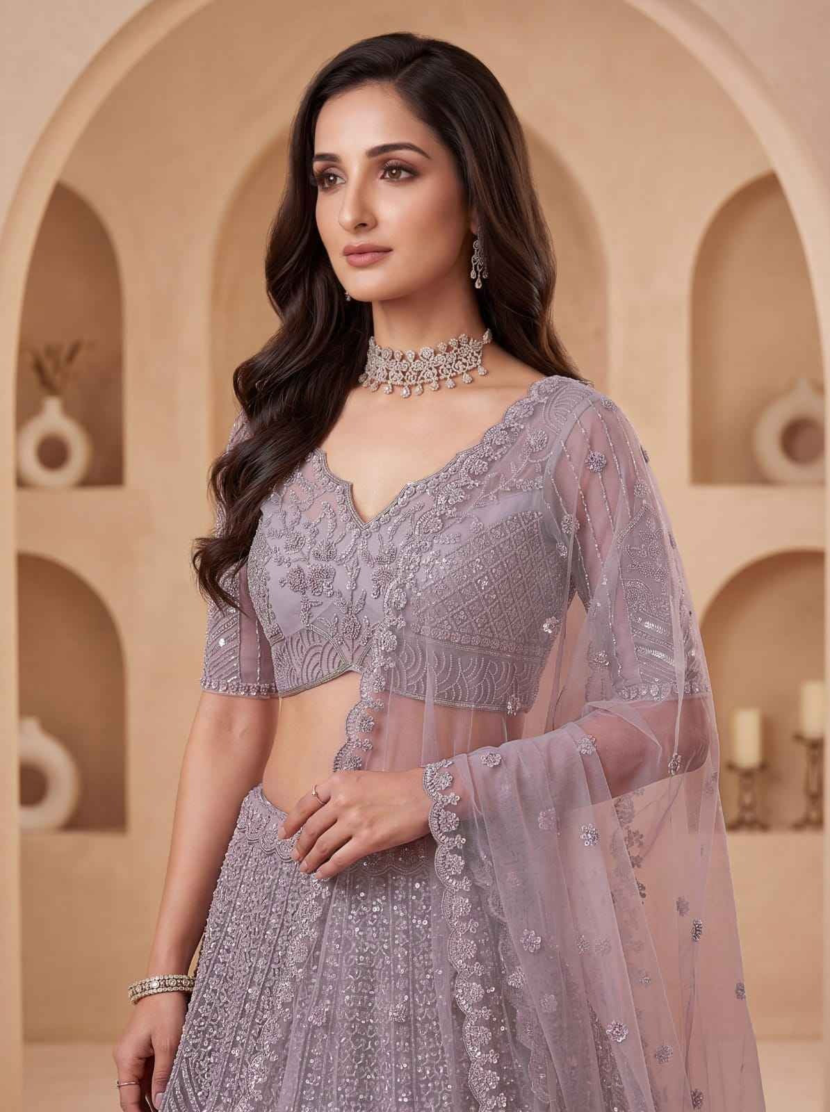 Lavender Net Zari Sequin Handwork Bridal Lehenga Choli