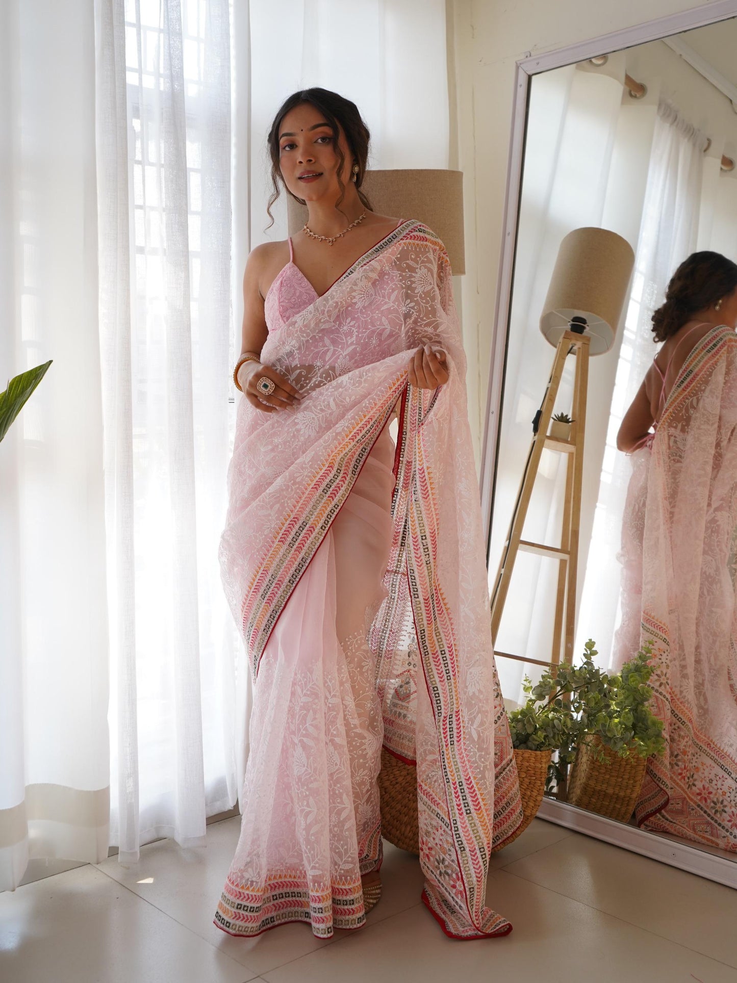 Gorgeous Organza Lucknowi Cotton Thread Embroidered Worked Saree - Ethnicwish