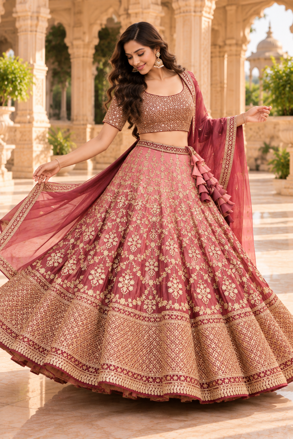 Maroon & Pink Chinon Silk Zari Lehenga Choli