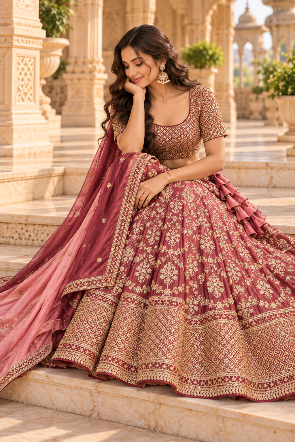 Maroon & Pink Chinon Silk Zari Lehenga Choli