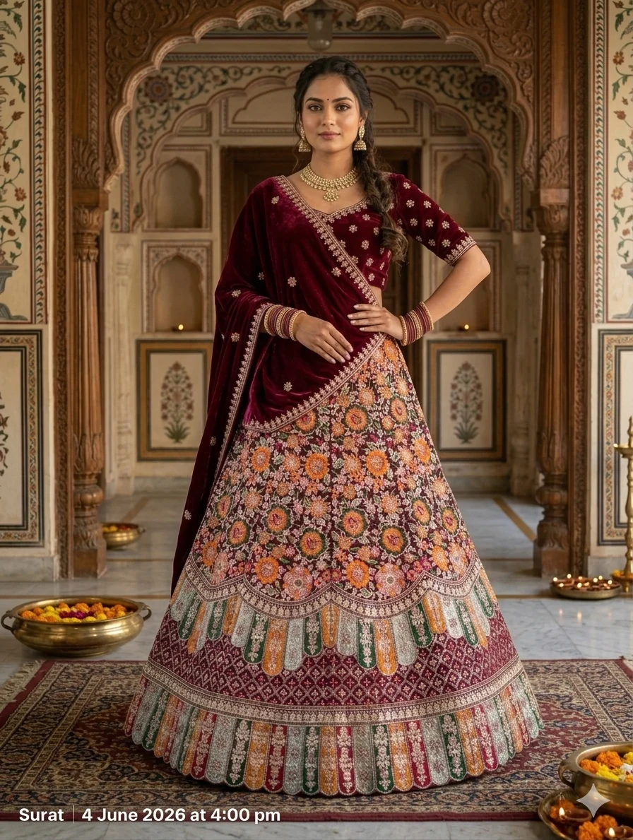 Maroon Velvet Zari Sequin Bridal Lehenga Choli with Double Dupatta