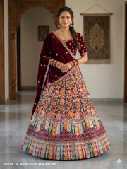 Maroon Velvet Zari Sequin Bridal Lehenga Choli with Double Dupatta