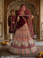 Maroon Velvet Zari Sequin Bridal Lehenga Choli with Double Dupatta