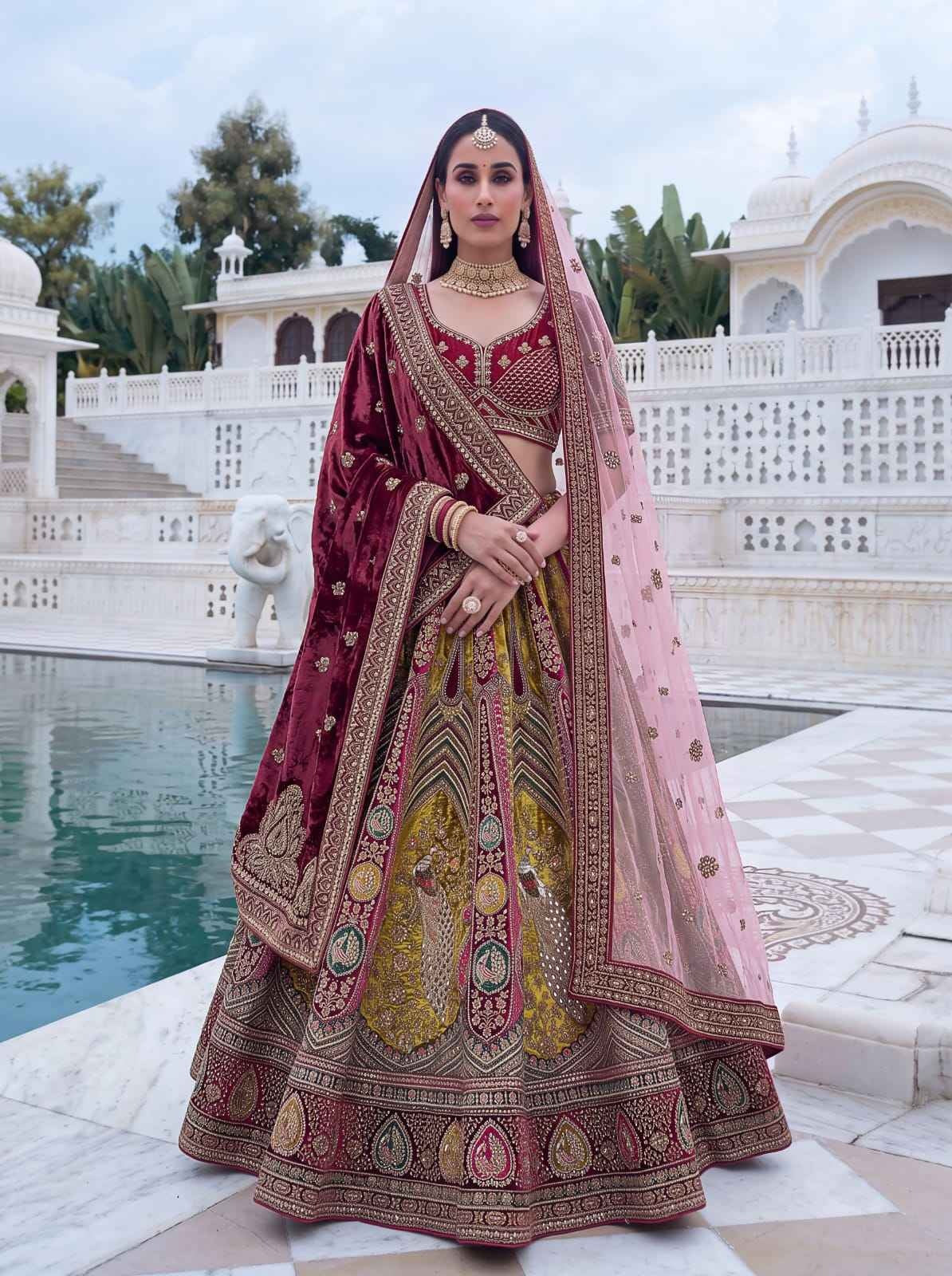 Maroon Velvet Patchwork Zari Bridal Lehenga Choli with Double Dupatta