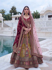 Maroon Velvet Patchwork Zari Bridal Lehenga Choli with Double Dupatta