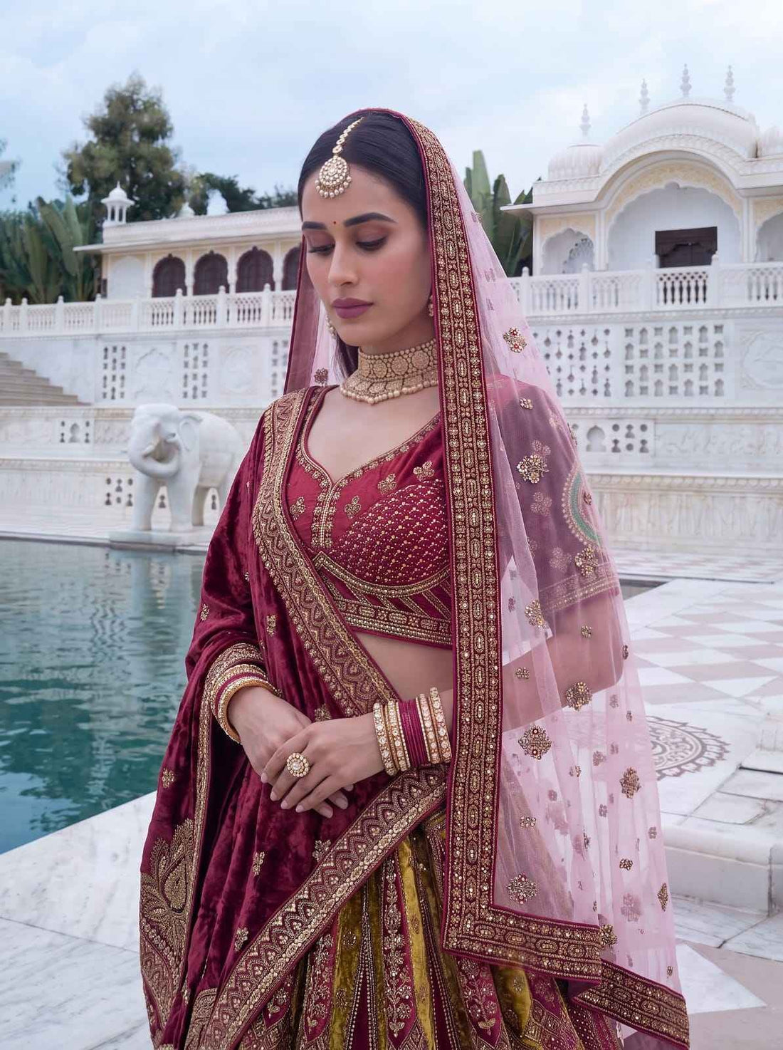 Maroon Velvet Patchwork Zari Bridal Lehenga Choli with Double Dupatta