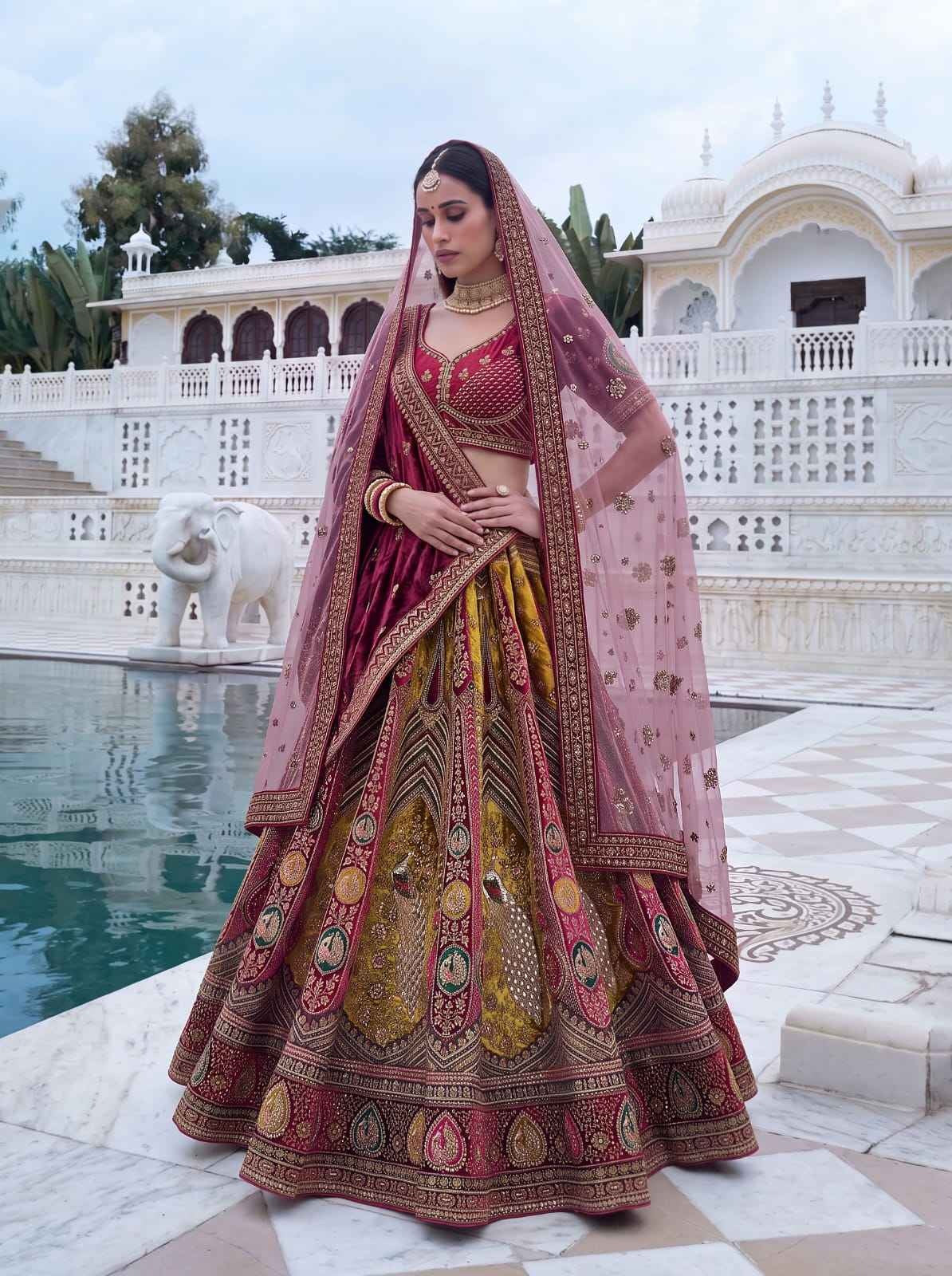 Maroon Velvet Patchwork Zari Bridal Lehenga Choli with Double Dupatta