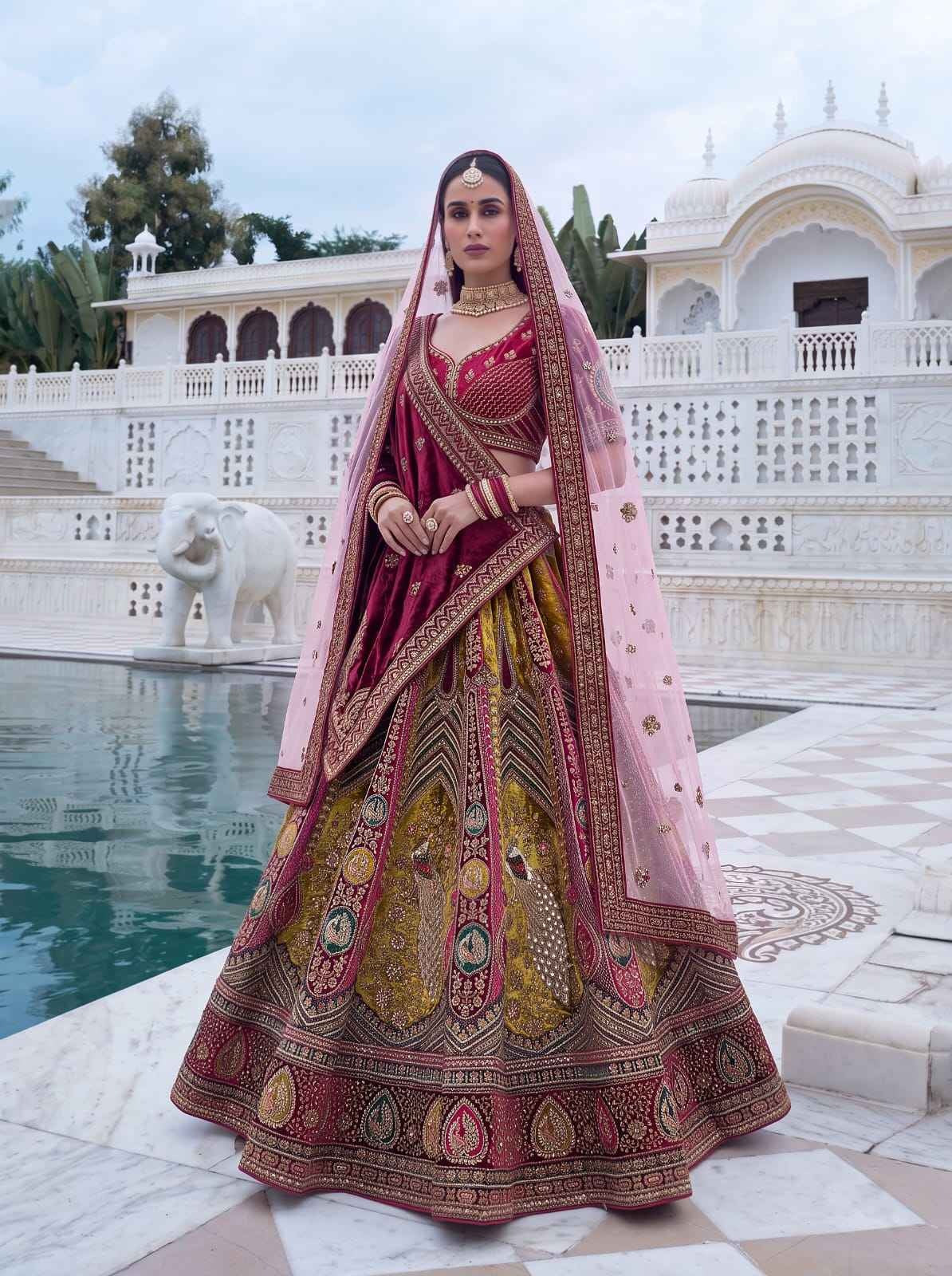 Maroon Velvet Patchwork Zari Bridal Lehenga Choli with Double Dupatta