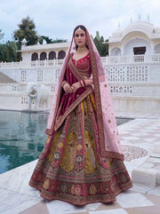 Maroon Velvet Patchwork Zari Bridal Lehenga Choli with Double Dupatta