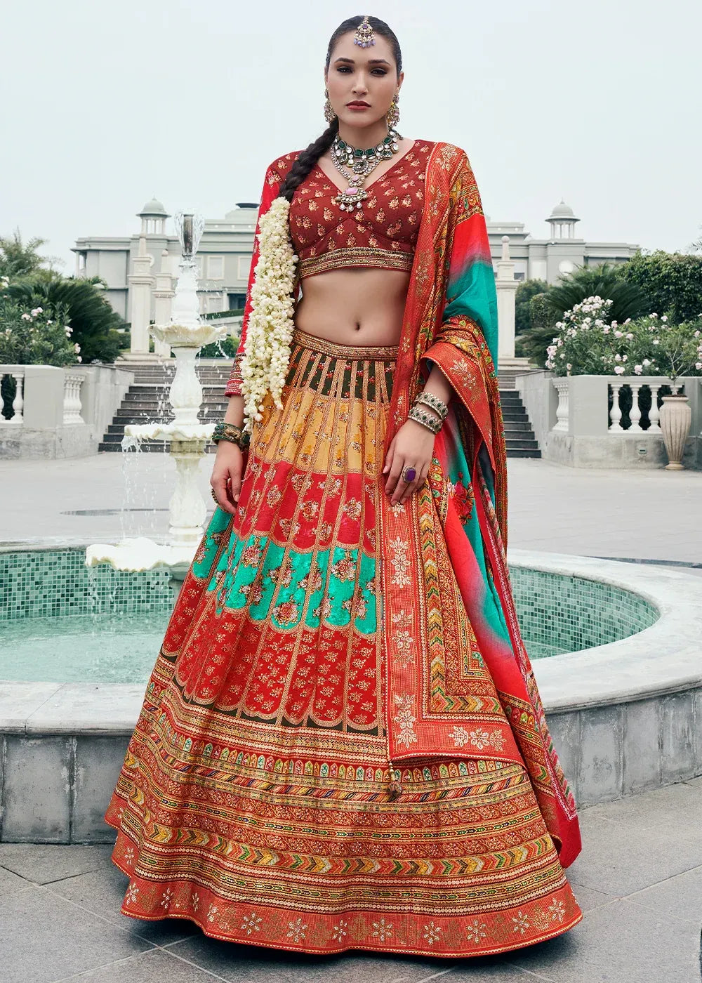 Maroon & Mint Green Banarasi Silk Zari Lehenga Choli