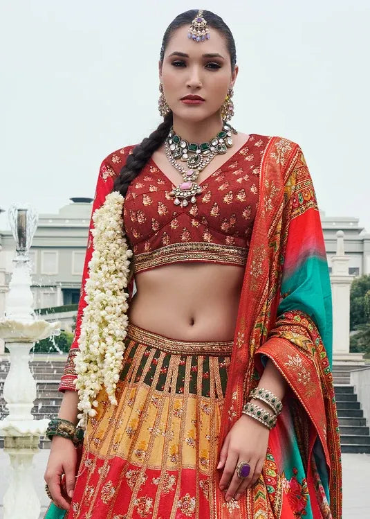 Maroon & Mint Green Banarasi Silk Zari Lehenga Choli