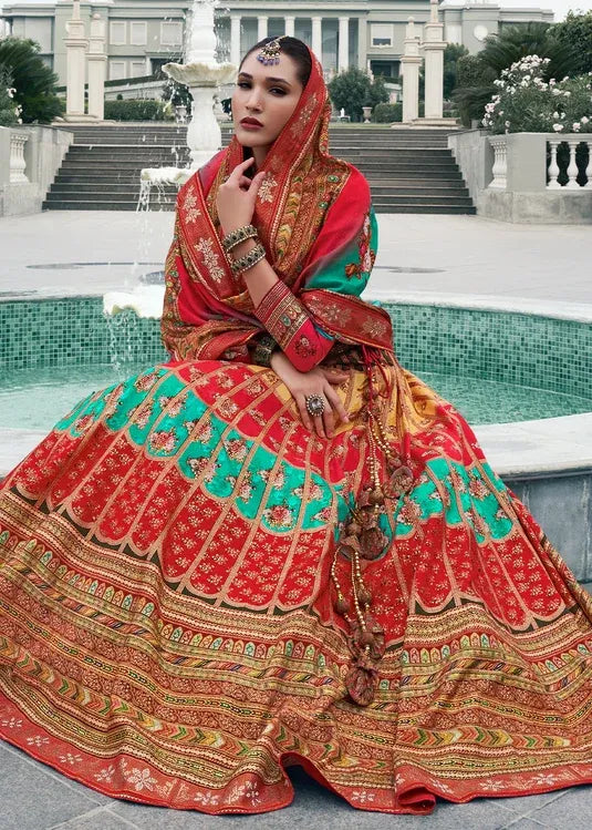 Maroon & Mint Green Banarasi Silk Zari Lehenga Choli