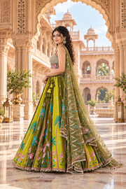Mehndi & Green Tropical Embroidered Lehenga Set