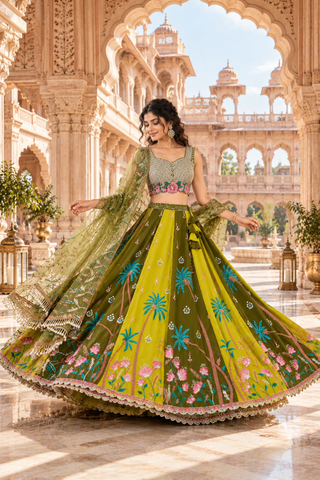 Mehndi & Green Tropical Embroidered Lehenga Set