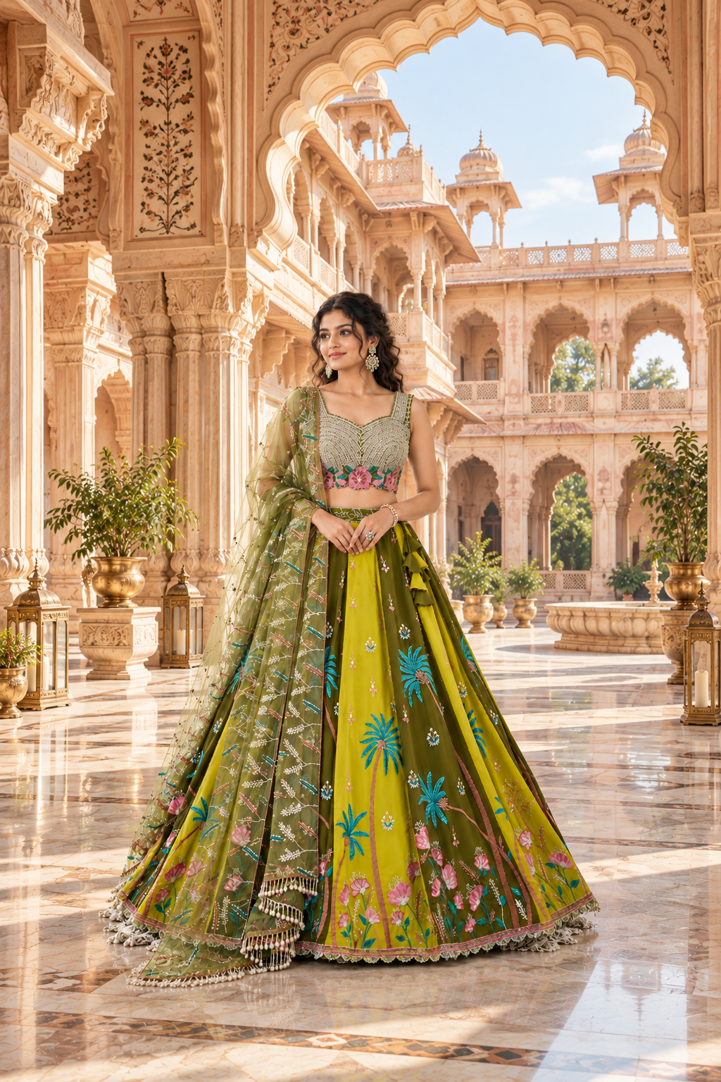 Mehndi & Green Tropical Embroidered Lehenga Set