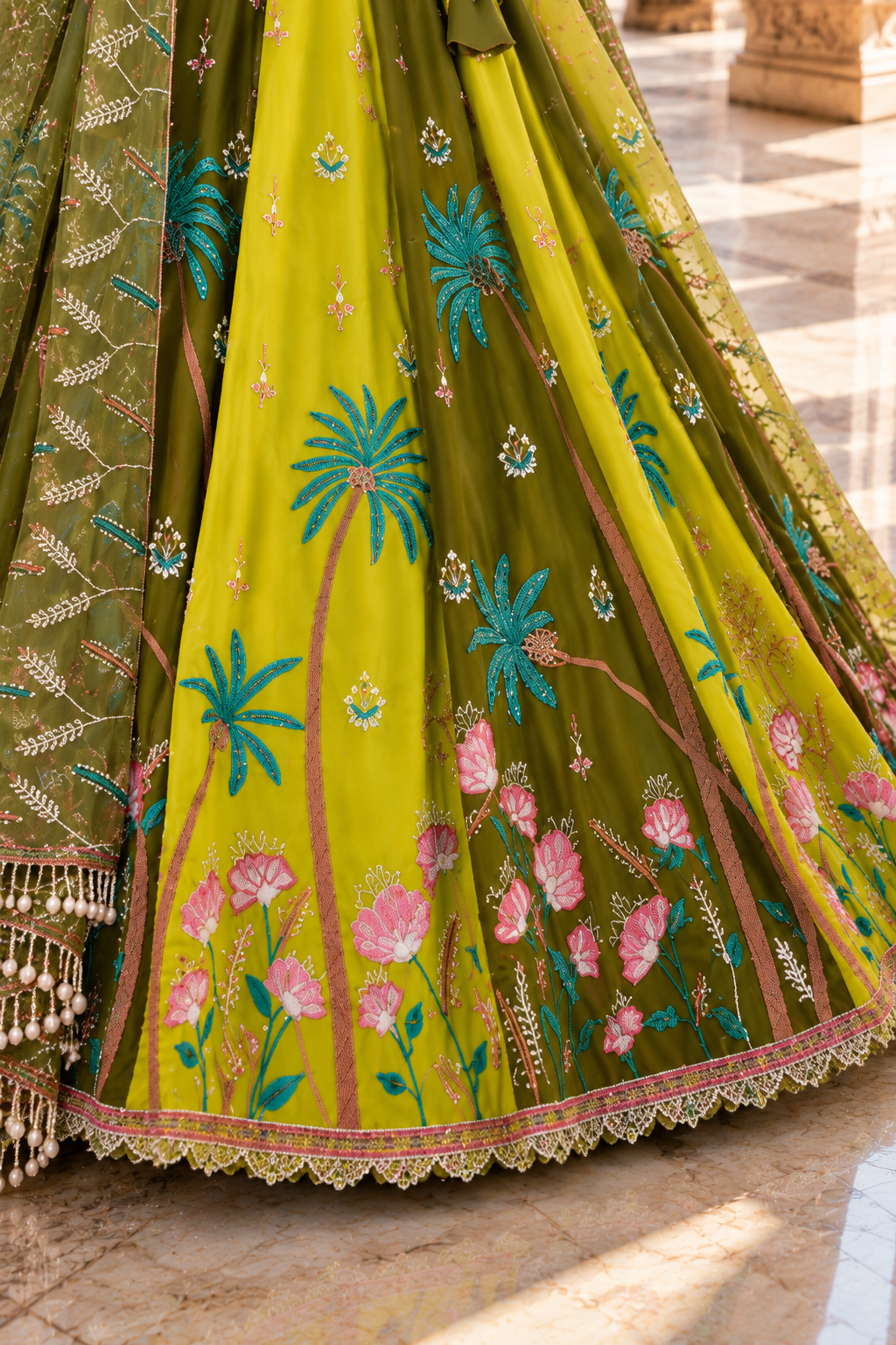Mehndi & Green Tropical Embroidered Lehenga Set