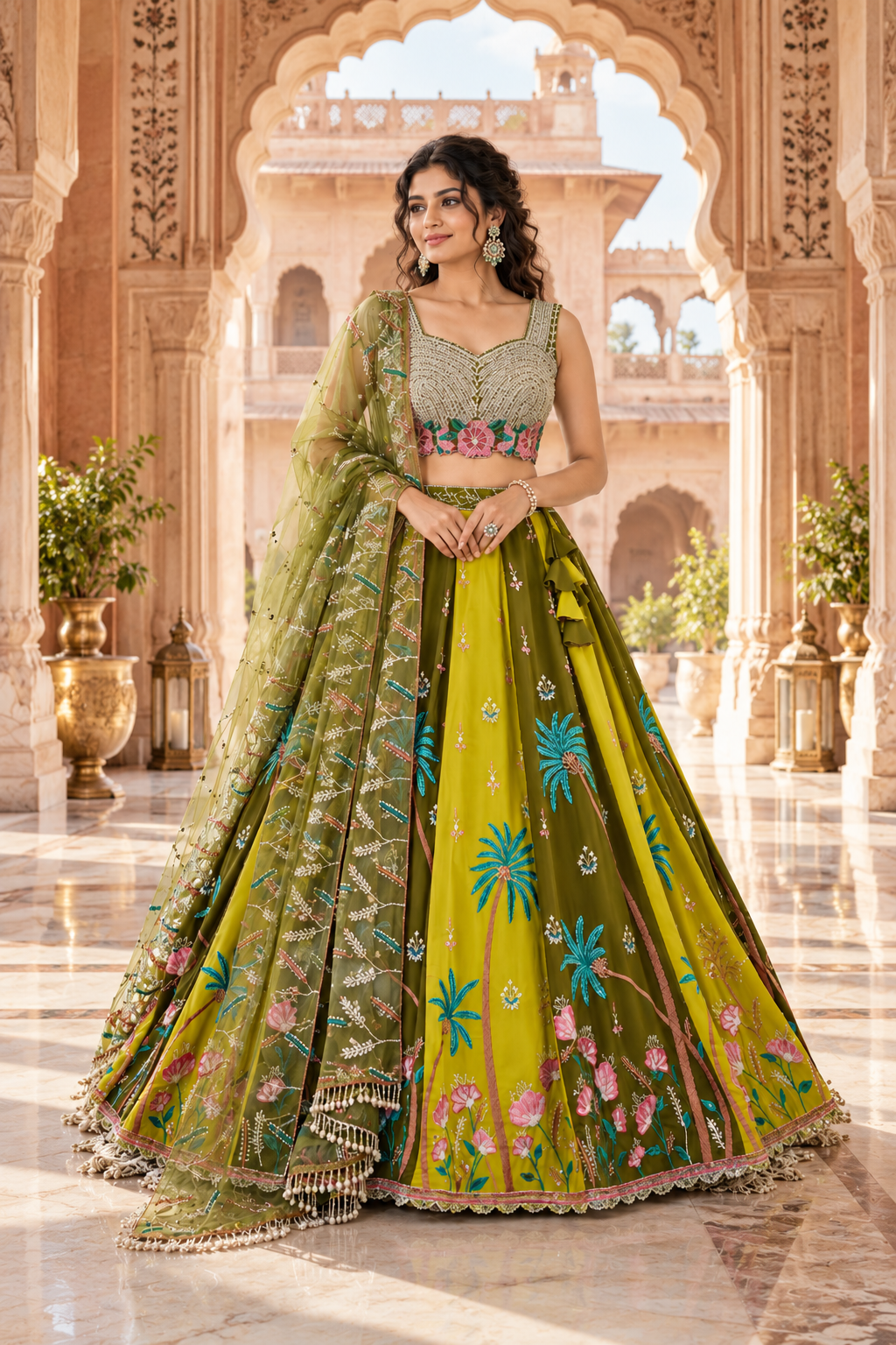 Mehndi & Green Tropical Embroidered Lehenga Set