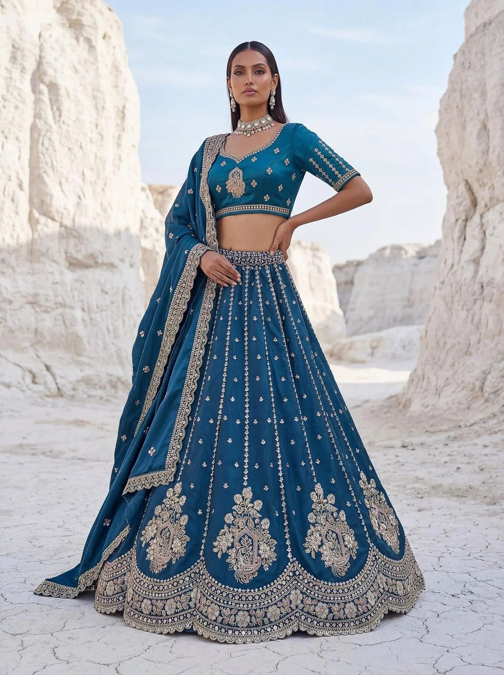 Peach Cadbury Silk Sequin Scalloped Lehenga Choli