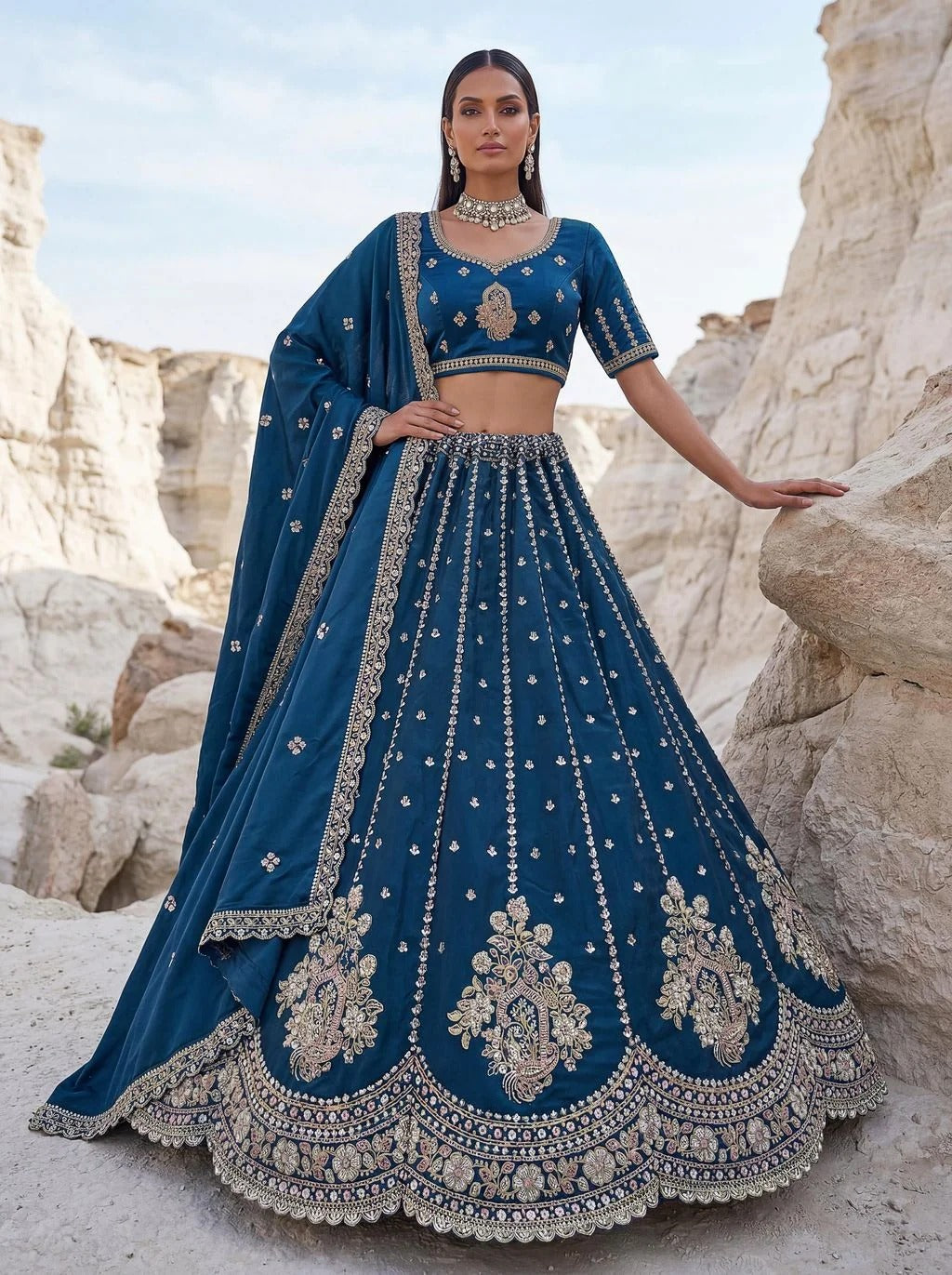 Peach Cadbury Silk Sequin Scalloped Lehenga Choli
