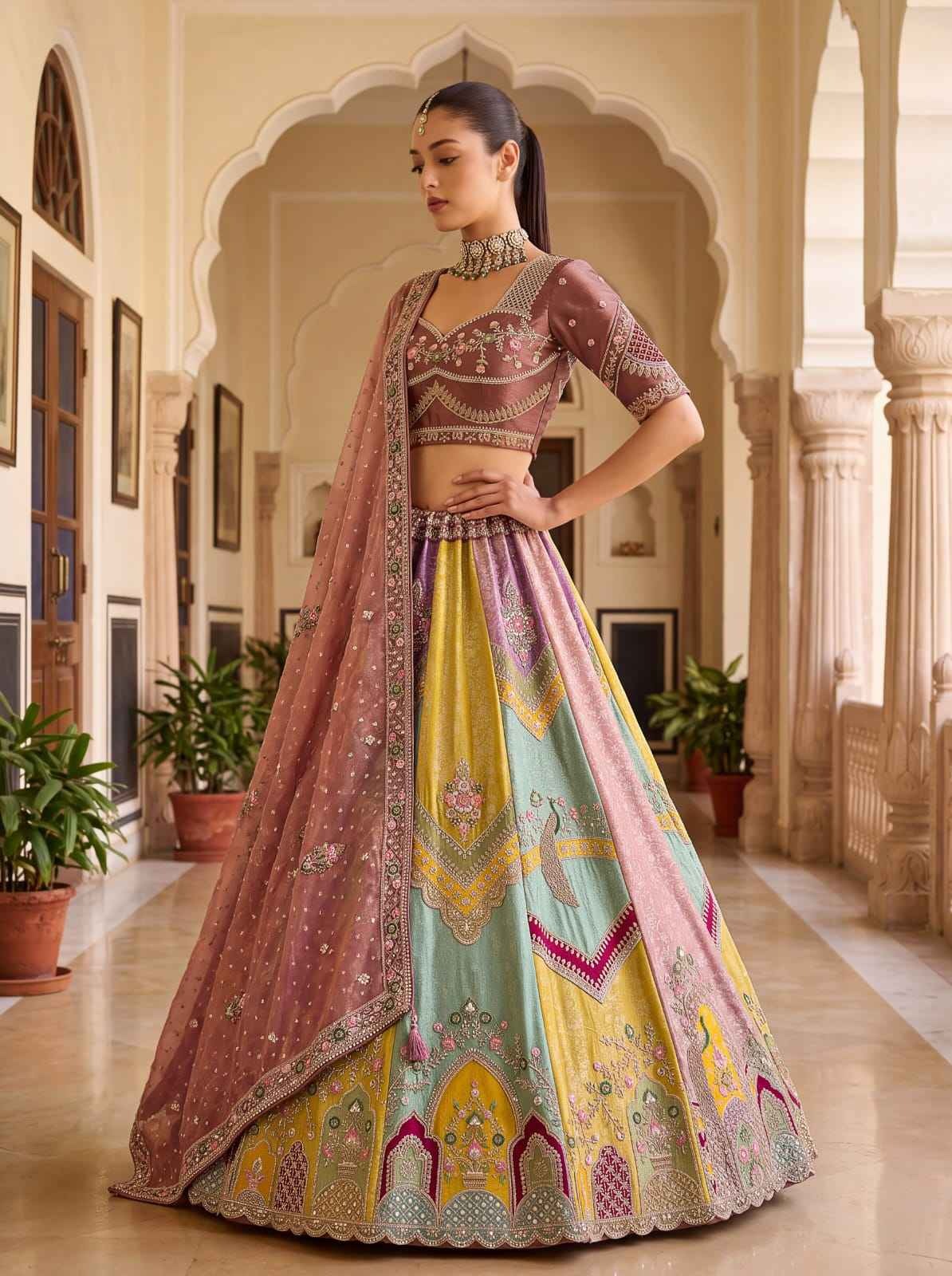 Multicolor Banarasi Silk Moti Sequin Handwork Lehenga Choli