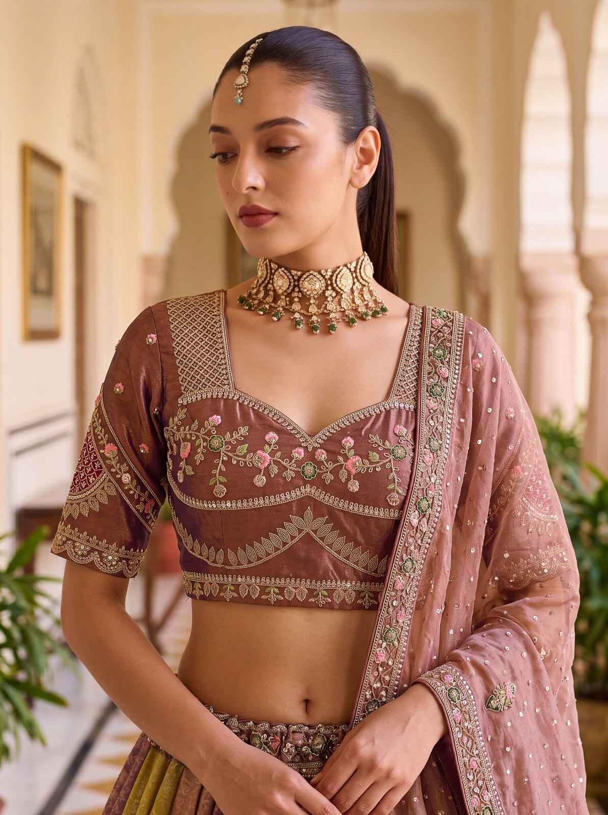 Multicolor Banarasi Silk Moti Sequin Handwork Lehenga Choli