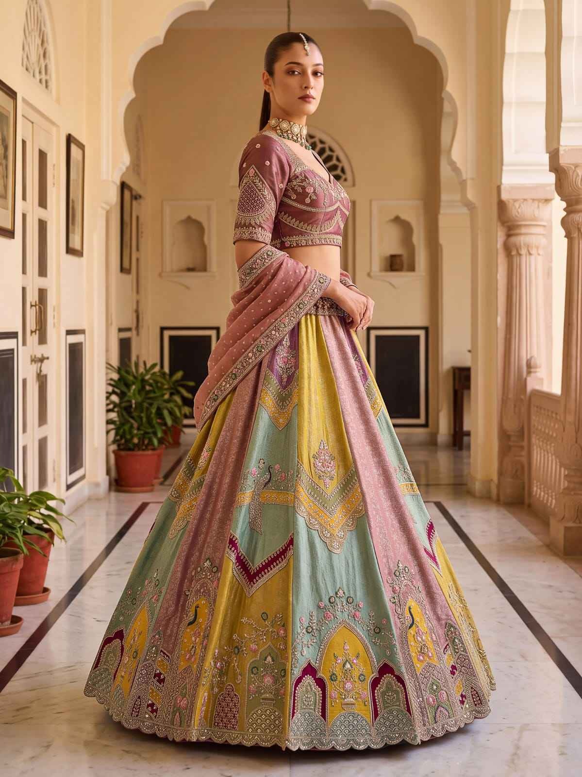 Multicolor Banarasi Silk Moti Sequin Handwork Lehenga Choli