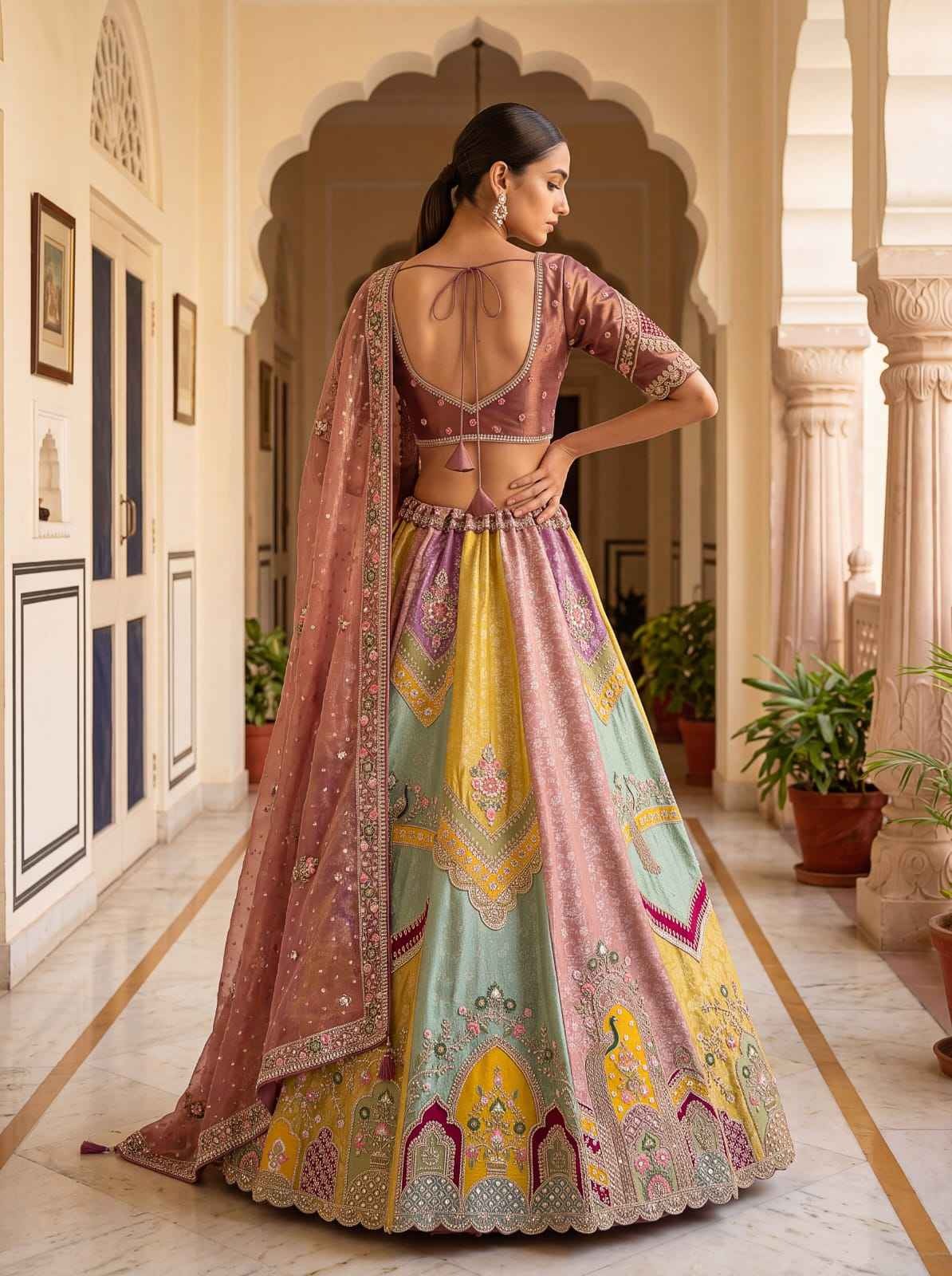 Multicolor Banarasi Silk Moti Sequin Handwork Lehenga Choli