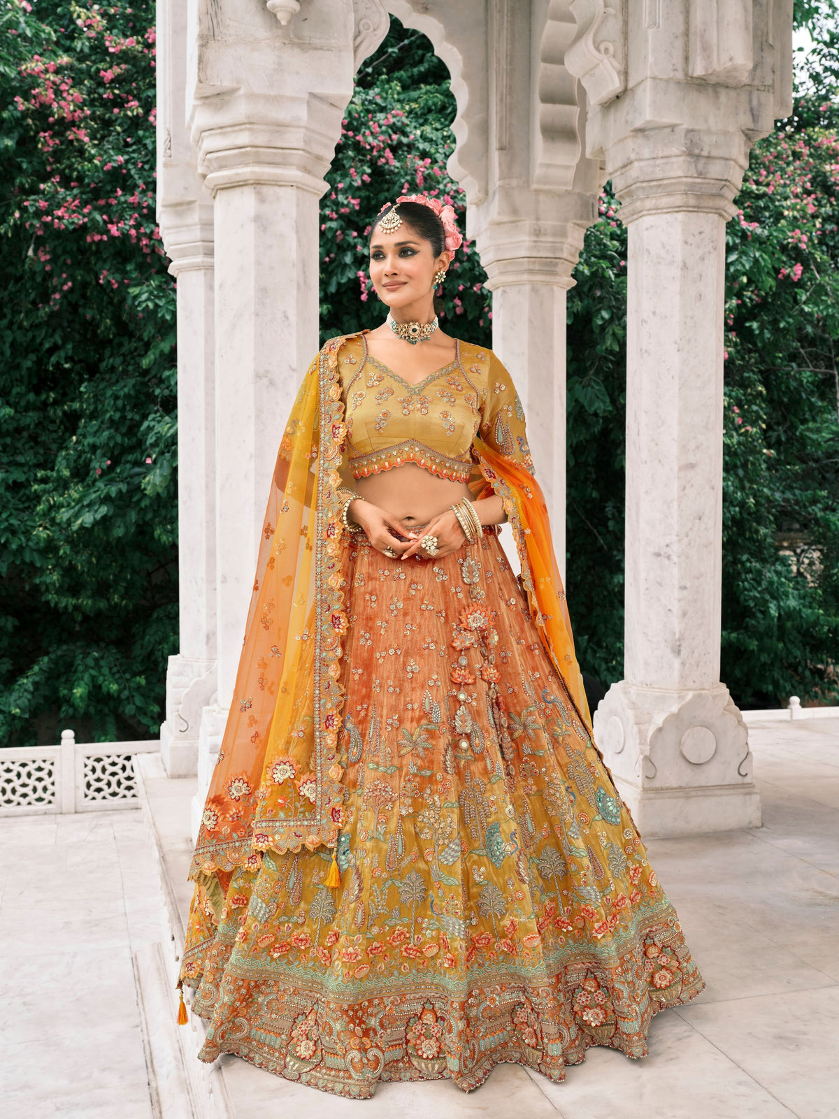 Multicolor Orange Fancy Silk Mirror Sequin Bridal Lehenga Choli